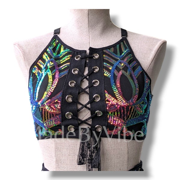 Midnight Aurora Sequin Lace Up Open Back Crop Top | Made to Order | Fully Lined