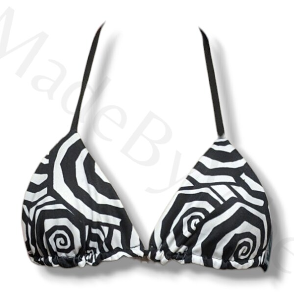 Black and white spiral swirl trippy Pattern Triangle Halter Swim Top | Rave Dance Festival Wear | Exotic Club Dance | Plus Size Available