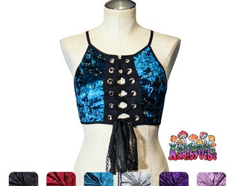 Velvet Lace-Up Halter Crop Top: Rave Festival Bra, Plus Size