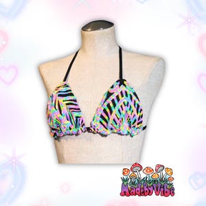 Nostalgic Neon Sequin Rave Top | Fully Lined Halter Bikini Top for Festivals | Blacklight Reactive - Made to Order