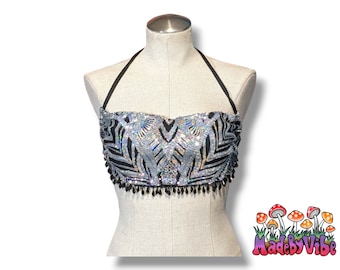 Armored Enchantress Sequin Cowl Neck Halter Top With Bead Trim | Fully Lined | Rave Dance Festival Exotic Bra | Holographic Silver
