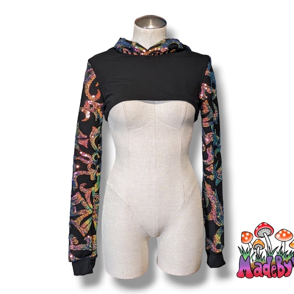 Midnight Aurora Sequin Crop Hoodie Rave Festival Wear Hooded Shrug | Iridescent Rainbow | Made to Order