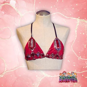 Royal Ruby Sequin Rave Top | Fully Lined Halter Bikini Top for Festivals