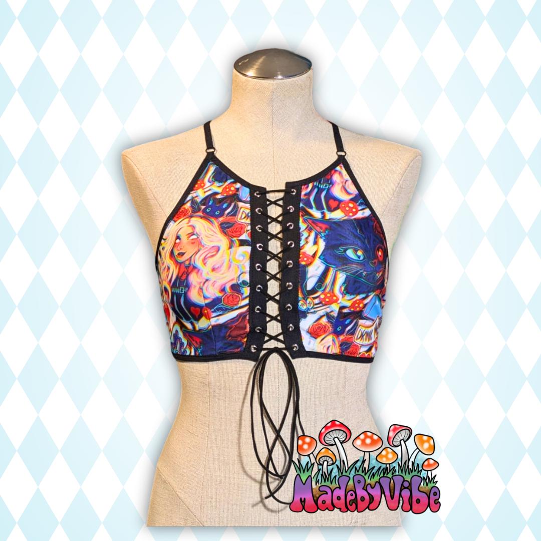 Trippy Wonderland Lace Up Backless Crop Top - MADE TO ORDER - Rave Dance Festival Top | Plus Sizes | Swim Top
