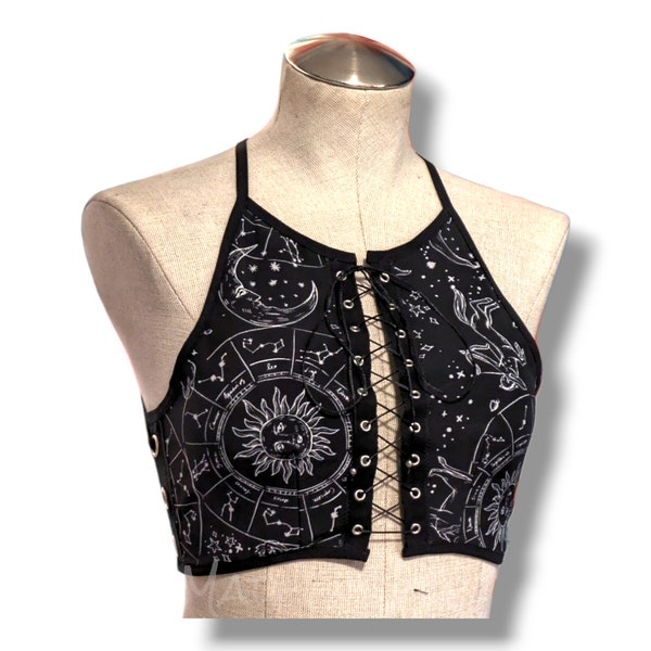 Zodiac Constellation Print Lace Up Halter Crop Top | Rave Dance Festival Exotic Bra | Plus Size Available Goth Lingerie Swim Top