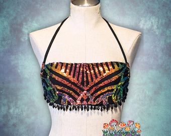 Sequin Cowl Neck Halter Top: Midnight Aurora Rave Festival Bra - Made to Order