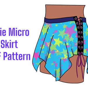 May include: A blue mini skirt with a star print and a black lace-up detail. The skirt is shown on a model with brown skin. The text "Pixie Micro Skirt PDF Pattern" is visible in the image.