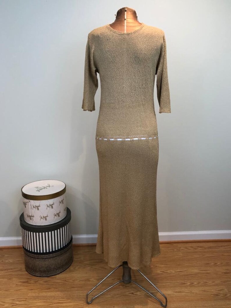 Slinky Tan Knit Midi Dress with Bohemian Sleeves 1970s Vintage Dress Sweater Dress