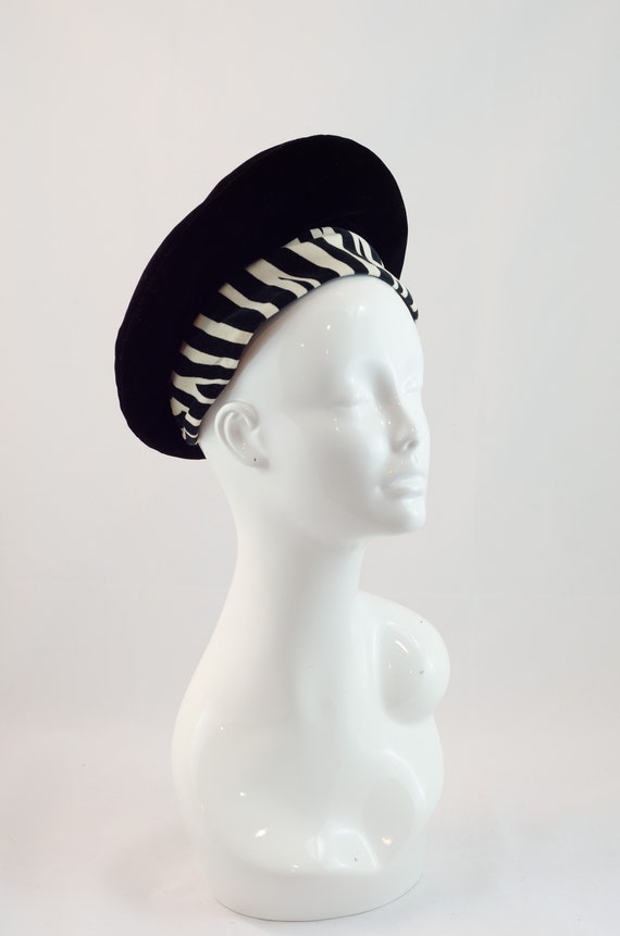 1960s Vintage Hat - Black Beret with Zebra Striped