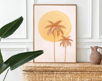 Boho Palm Print con sol sobre fondo de acuarela rosa, arte imprimible, descarga digital