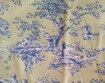 Toile print in Navy blue and lime green vintage artwork. Quality sturdy cotton. 44" x 2 yds L. Scenes of children outside playing