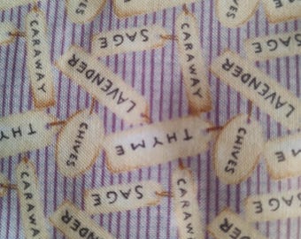 Herbs Names on Narrow Brown stripes. Thyme, Chives, Lavender from Joann's. 2 yds x 42" wide.