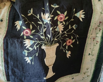 Beautiful Tapestry of a large VASE with Flowers!! Black background with vines on cream border. 36" squared. Perfect to hang or frame.