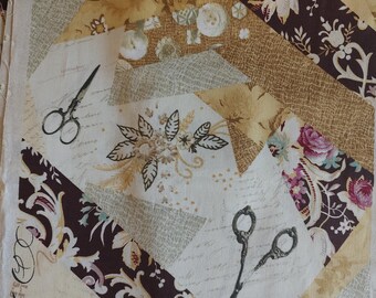 RARE! 16 Ten-inch squares of "HABERDASHERY" by Windham Fabrics. A nice patchwork design in soft brown beige cream gold  scissors and roses