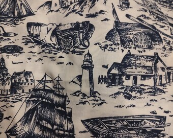 Classic! Ancient Mariner Seafaring cotton fabric with four 11 inch squares of Ships.  Scattered navy blue ships on cream.