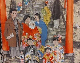 Beautiful MIYAMAIRI Ceremony in Japanese tradition. A rite of passage for a baby. Exquisite artistry!! A lovely wall hanging! 43x23