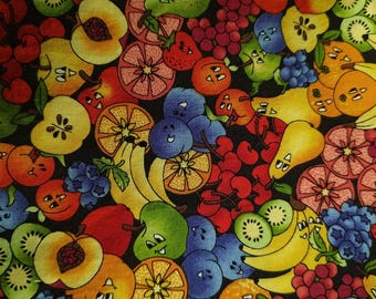 Darling Fruits of all kind with Faces! Coordinating fabric with words of fruits and vegetables. Small project. Tote bag or placemats maybe