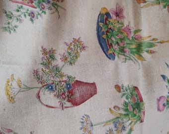 Flowers and Planters strewn on soft  natural white gauzy cotton. Coral, blue, green, pink various types. Dreamy for curtains or clothes 4yds