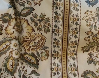 Quality sturdy cotton drapery or upholstery fabric in soft yellow, green, gold, brown floral columns! Has slight sheen. 2+1/2 ydsx36w