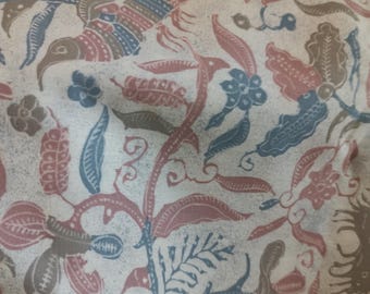 Rare Abstract birds, plants, flowers in soft tones of dusty rose and cadet blue or gray-blue on pale gray background. So soft!! A  70s feel!