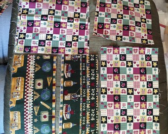 Assortment of Ready-to-Sew potholders and Hotpads. Patchwork Tote! Cute schoolroom motif. Apples, books, hearts, Gold Stars