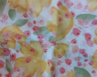 Delicate FLORAL cotton for dresses, blouses, curtains, etc! 4 YARDS! Soft flowy feel semi-sheer. Yellow, Punk, Green on white background.