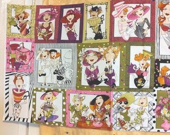 Loralie Harris fabric panel square or panel. RARE Tea Ladies in purple, green, pink, yellow, black. 17 squares asst sizes 5-7 dollar OBO