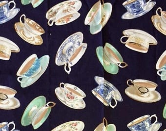 Assorted patterns Tossed Teacups o navy background. 2 yds x 43" Kanvas by Benatex fabrics. "Tea for Two" "