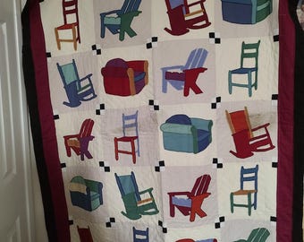 Handmade QUILT in a chair theme! Blue Maroon Green Teal Black Cream. Hand stitched! Hanger on back. 1990 OFFER