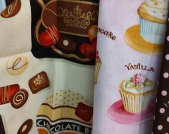 CHOCOLATE Delights (Cupcakes 2 yd) At least 6 yds.  8 different patterns mostly 1 yd.& 1/2yd. Coffee Words are 1.5 yd. 8 dollars per yd