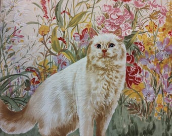 Four 15" squares of Beautiful White cats on floral background. Panel is 43"x 35"L floral side borders 5 inch. Perfect for pillows.