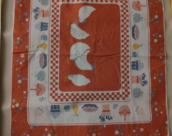 Country Style Chickens, Utensils, Flowers. 6 Kitchen placemats. Soft orange, blue, yellow. Backs are blue mini flowers print.