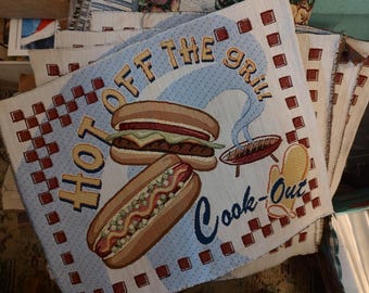 Four Tapestry Placements, Pillows or wall hanging. BBQ Cookout Theme!! Hot Off the Grill. 18"w x 14" L. Just hem or frame!