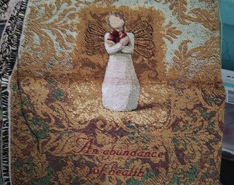 Tapestry WILLOW TREE of Susan Lordi design. Angel figure on Gold, Brown and Green leafy background. 18"x 13". 2 available