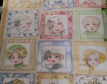 CUTE OVERLOAD! 40 Squares of darling babies in various Hats, faces, border colors by LORALIE. One dollar a square! 6 duplicates. 4"x 4".