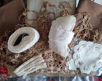 Lovely vintage look fabric and trim kit to make 15" pillows, wall hanging, tote bag, funky vest!! Browns, Tan, Ecru white trims.