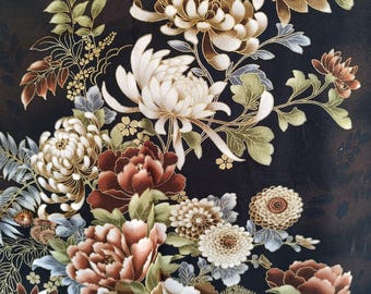 Rare gorgeous Robert Kaufman piece! Browns, Golds, Black, gray,sage, cream, mauve magnificent floral wall hanging Hem or frame 36x23