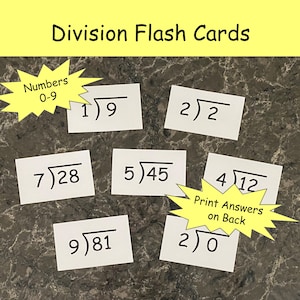 Cartes Flash de division - Faits mathématiques numéros 0-9 - Mathématiques de quatrième année - Faits mathématiques imprimables - Cartes mémoire mathématiques de troisième année