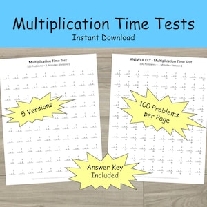 May include: Two white sheets of paper with multiplication problems. The text "Multiplication Time Tests" and "Instant Download" are at the top. One sheet says "5 Versions" and the other says "100 Problems per Page". An answer key is included.