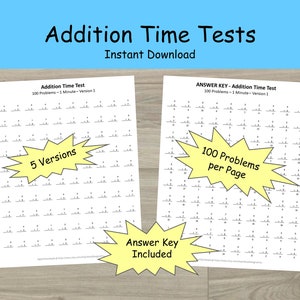 Peut inclure: Deux feuilles de calcul imprimables pour des tests de temps d'addition. La feuille de calcul de gauche est intitulée "Addition Time Test" et la feuille de calcul de droite est intitulée "ANSWER KEY - Addition Time Test". Les deux feuilles de calcul comportent 100 problèmes d'addition par page. La feuille de calcul de gauche a une étoile jaune avec le texte "5 Versions" et la feuille de calcul de droite a une étoile jaune avec le texte "100 Problèmes par page". Les deux feuilles de calcul ont une étoile jaune avec le texte "Clé de réponse incluse".