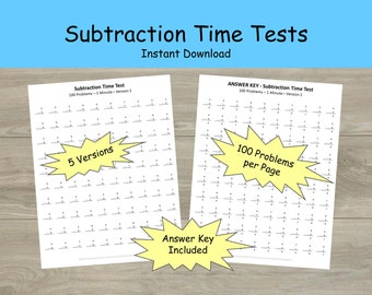 Subtraktionsarbetsblad - Minutmatte - Matematikarbetsblad för första och andra klass - Mad Math Minute - Tidsbegränsade hastighetstest - Matematikfakta och övningar