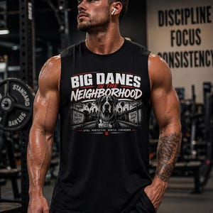 Great Dane Sleeveless Shirt, Performance Tank Top, Big Danes In The Neighborhood Tank, Moisture Wicking Gym Shirt, Dog Lover Workout Tank