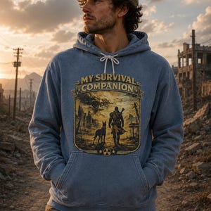 May include: A blue hoodie with a graphic that reads "MY SURVIVAL COMPANION." The graphic depicts a person with a dog in a post-apocalyptic setting. The person is wearing a brown cap and khaki pants.