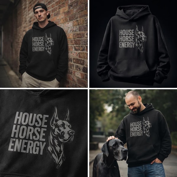Felpa premium con stampa di alano "House Horse Energy" / Felpa divertente per proprietari di cani / Felpa oversize streetwear / Regalo per papà di un alano / Felpa unisex