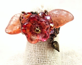 Fairytale Forest Fantasy Floral Ring in Peach Pink with Heart Renaissance Adjustable Wire