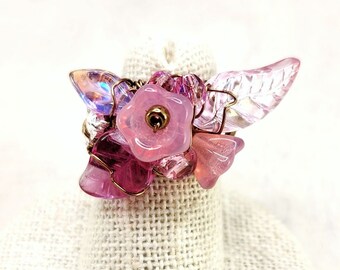 Fairytale Forest Fantasy Floral Ring in Pink with Unicorn Renaissance Adjustable Wire