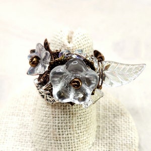 Fairytale Forest Fantasy Floral Ring in Clear Renaissance Adjustable Wire