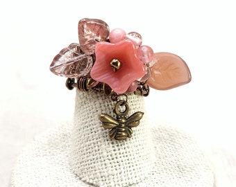 Fairytale Forest Fantasy Floral Ring in Antique Pink Renaissance Adjustable Wire