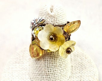 Fairytale Forest Fantasy Floral Ring in Yellow Renaissance Adjustable Wire