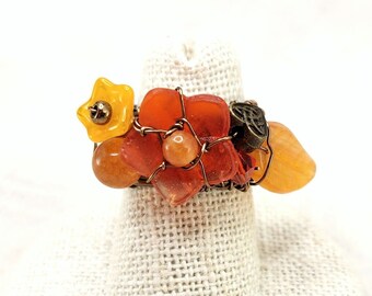 Fairytale Forest Fantasy Floral Ring in Orange with Celtic Heart Renaissance Adjustable Wire